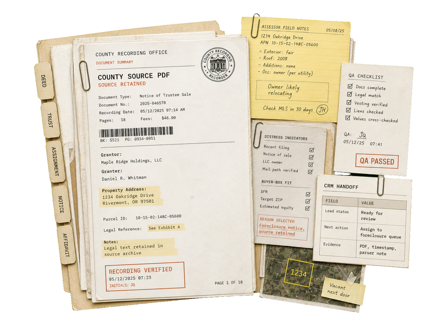 Illustrative county source packet with retained PDF, field notes, QA checklist, parcel note, and CRM handoff card.